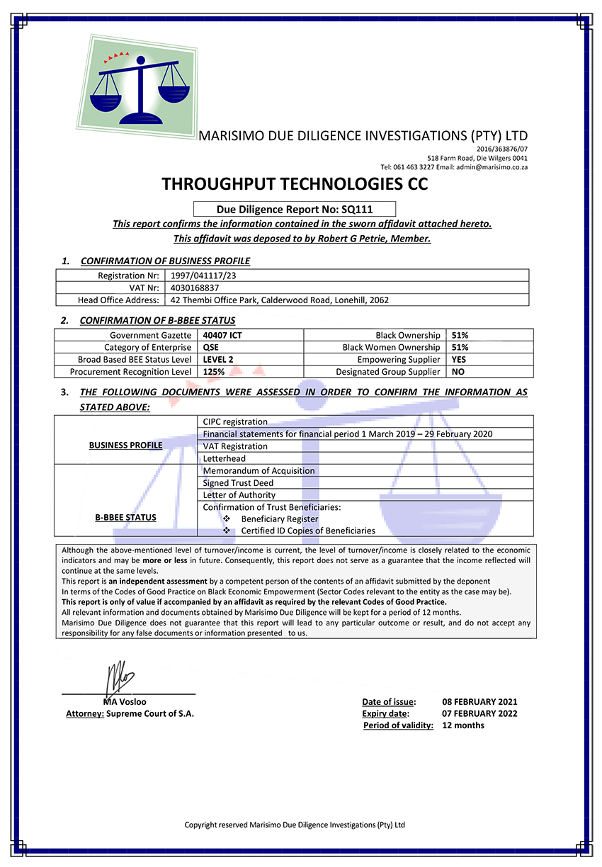 Throughput Technologies - BEE Certificate