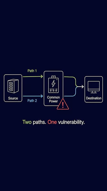 Diagram showing two paths sharing a common power supply – a single vulnerability