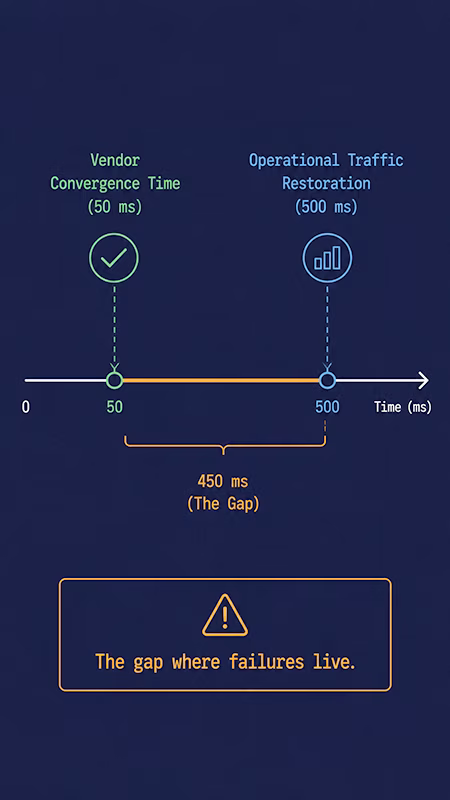 Diagram showing vendor convergence time vs operational traffic restoration gap